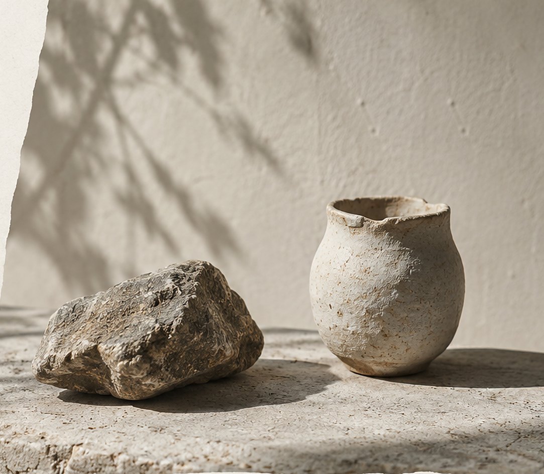 A rough stone and a hand-thrown vessel on a slab, in dappled afternoon light